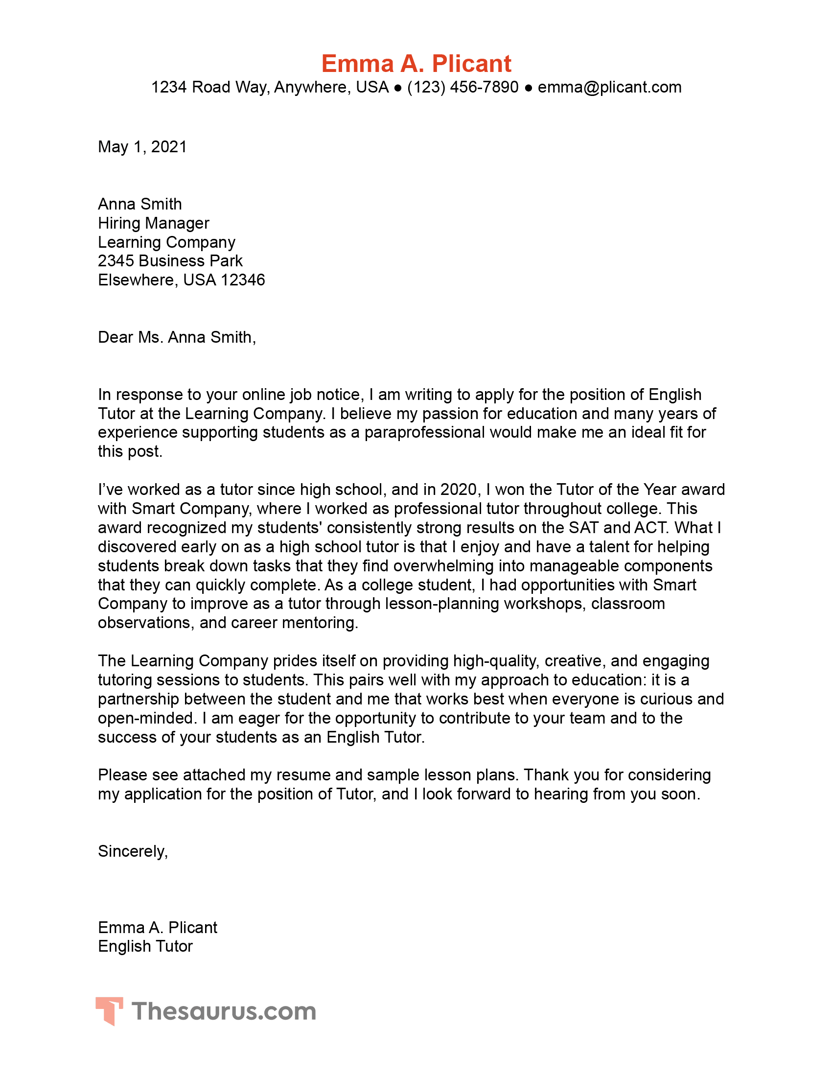 application letter heading example