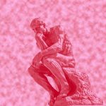 Photo of Rodin's The Thinker statue, pink filter