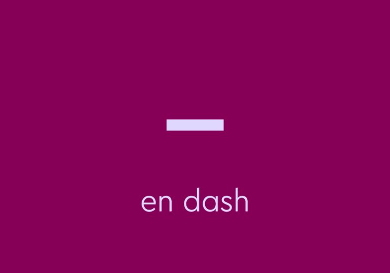 light purple text on dark purple background: en dash symbol, with text: "en dash"