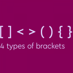 light purple text on dark purple background: symbols of square brackets, angle brackets, parentheses, and curly brackets with text: "4 types of brackets"