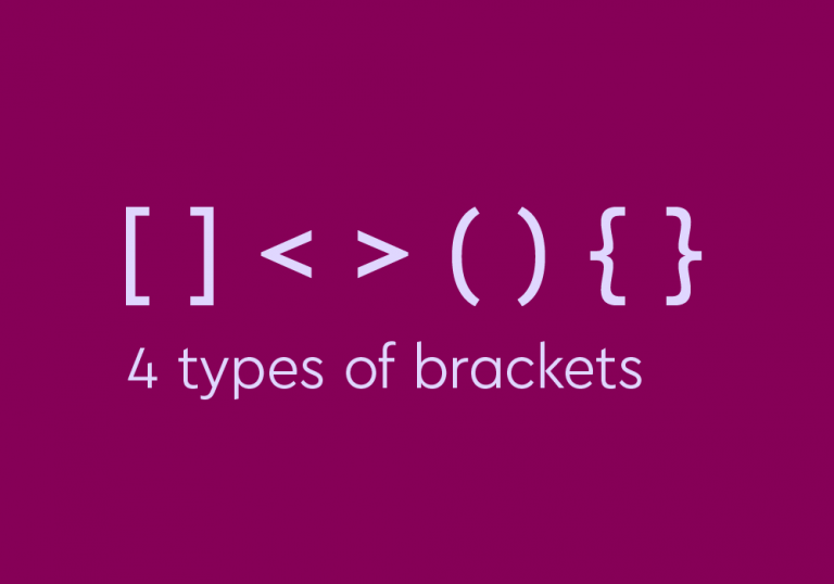 light purple text on dark purple background: symbols of square brackets, angle brackets, parentheses, and curly brackets with text: "4 types of brackets"