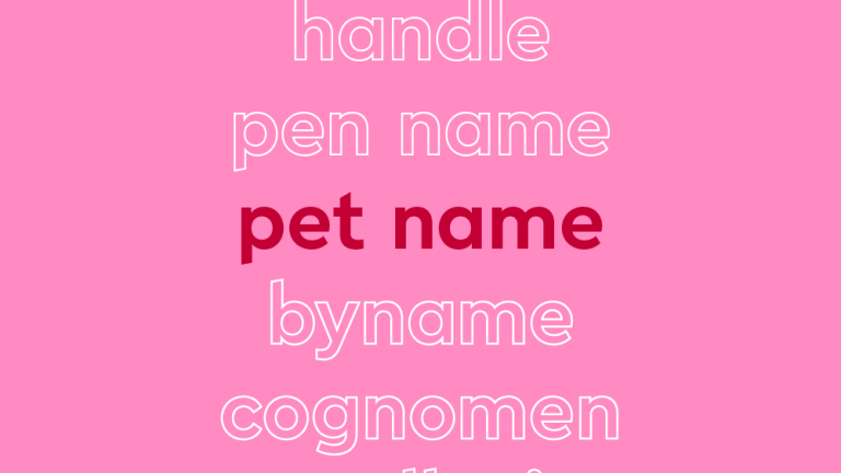 List of words in white outline, with central word in bold red font, on pink background: “moniker, handle, pen name, pet name, by name, cognomen, appellation"