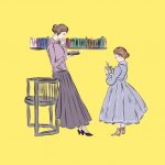 drawing of a mother and daughter (in early 1900s clothing) reading illustration on yellow background