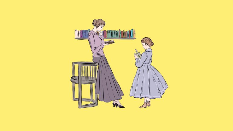 drawing of a mother and daughter (in early 1900s clothing) reading illustration on yellow background