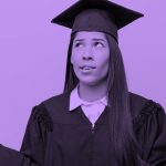 A graduate in cap and gown looking confused, purple filter.