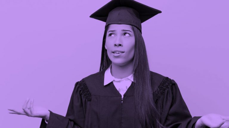 A graduate in cap and gown looking confused, purple filter.