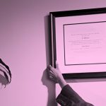 image of someone hanging up their diploma, pink filter.