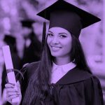 image of woman holding up diploma at graduation