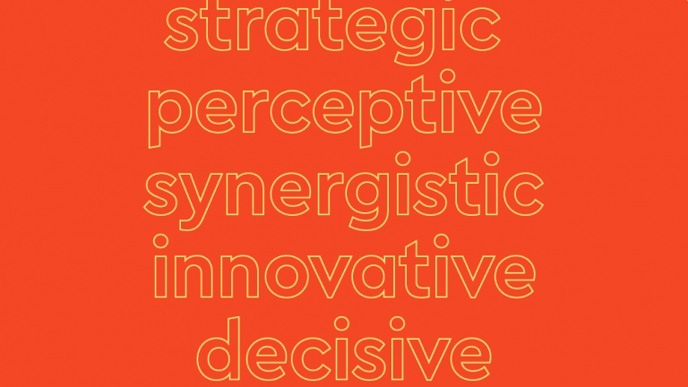 List of adjectives suitable for a resume in yellow outline on an orange background: “strategic, perceptive, synergistic, innovative, decisive, thorough”