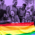 A diverse group of friends holding a rainbow pride flag, image in purple filter except for flag (rainbow colors are brightly visible)