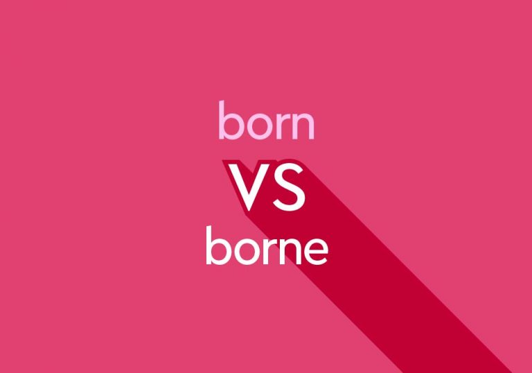 light pink text "born vs borne" on dark pink background