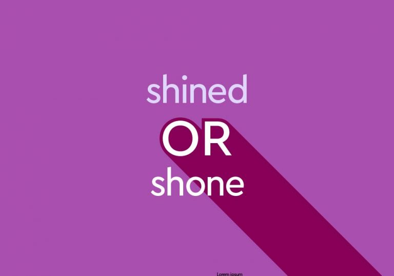light purple text "shined or shone" on dark purple background with shadow