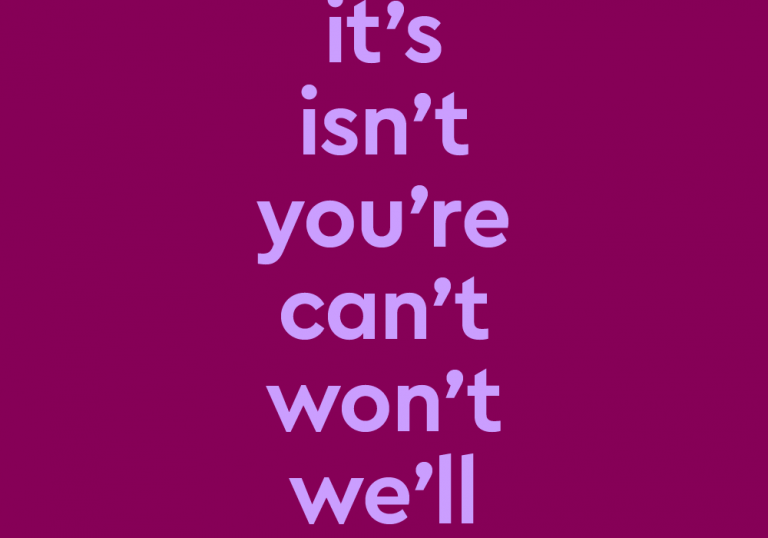 contractions listed: "it's isn't you're can't won't we'll" on dark purple background