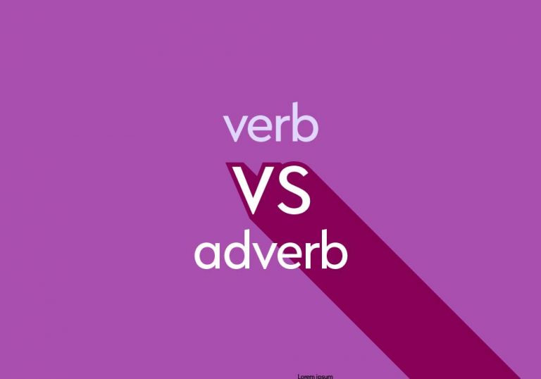 light purple text "verb vs adverb" on dark purple background