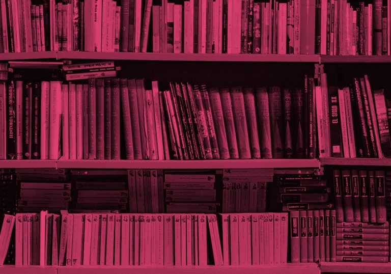 shelves of books, maroon filter.