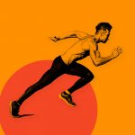 man sprinting on orange background