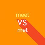 light orange and white text "meet vs met" on orange background
