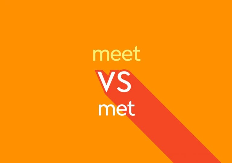 light orange and white text "meet vs met" on orange background