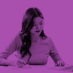 woman taking notes purple filter