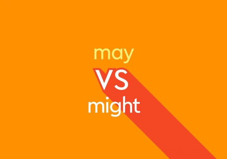 light orange text "may vs might" on dark orange text