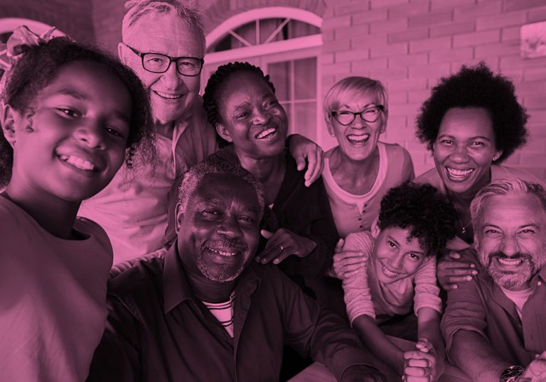 diverse and mixed family, pink filter