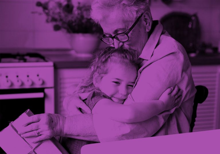 grandpa and granddaughter, purple filter