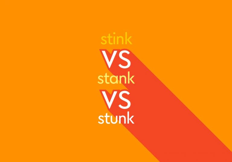 light orange text "stink vs stank vs stunk" on orange background