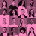 people emoting, pink filter