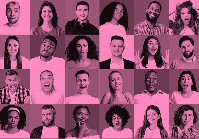 people emoting, pink filter