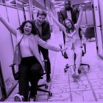 employees having fun at work, purple filter