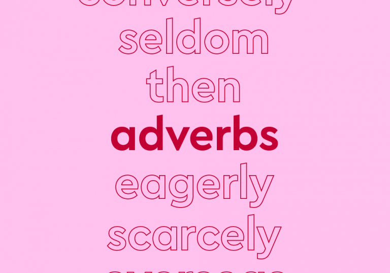 trending word treatment of list of adverbs, pink text and background