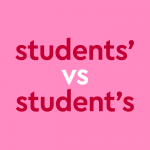 dark pink text "students' vs student's" on pink background