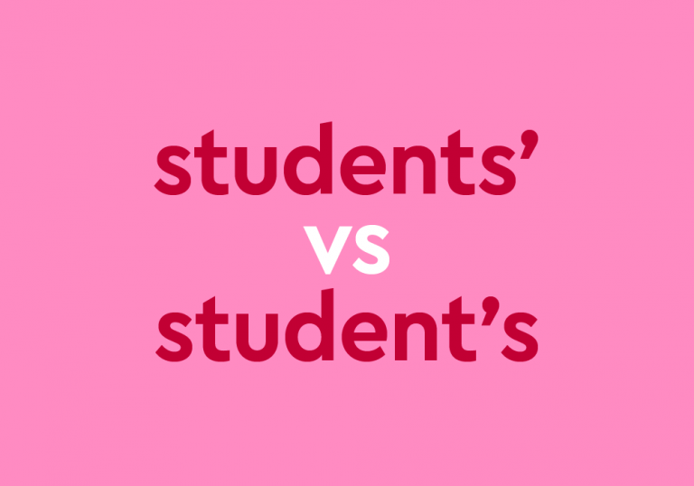 dark pink text "students' vs student's" on pink background