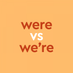 dark orange text "were vs we're" on light orange background
