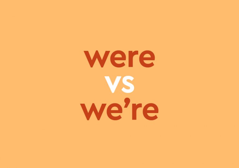 dark orange text "were vs we're" on light orange background