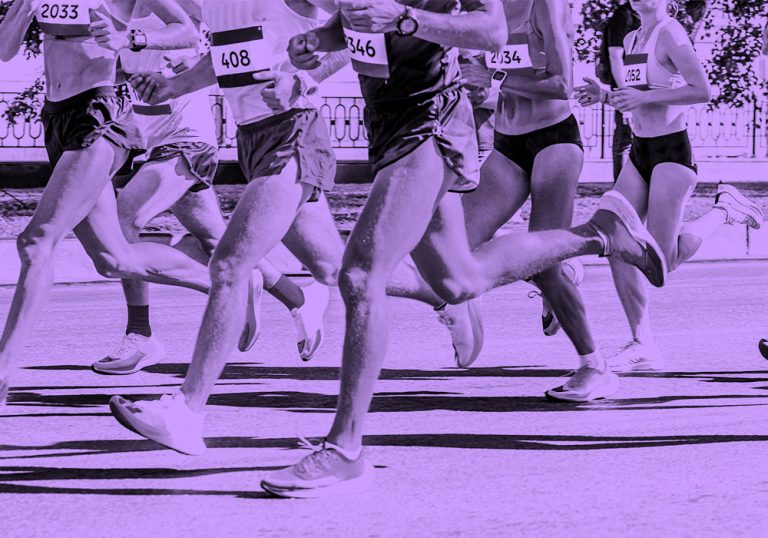 group of runners; purple filter