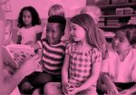 children in classroom; pink filter