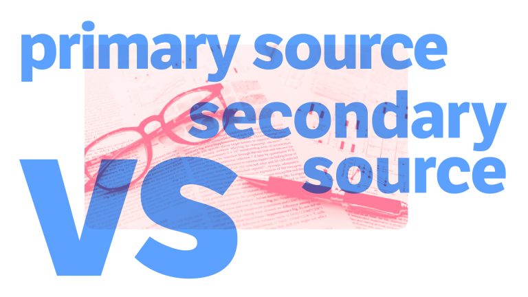 blue text "primary source vs secondary source" with research paper background